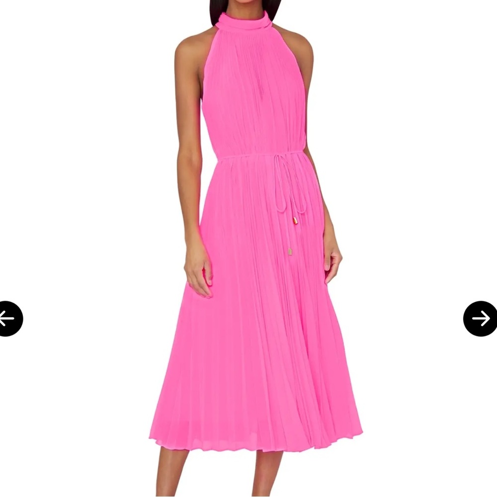 Milly Neon Pink Pleated Halter Midi Dress
